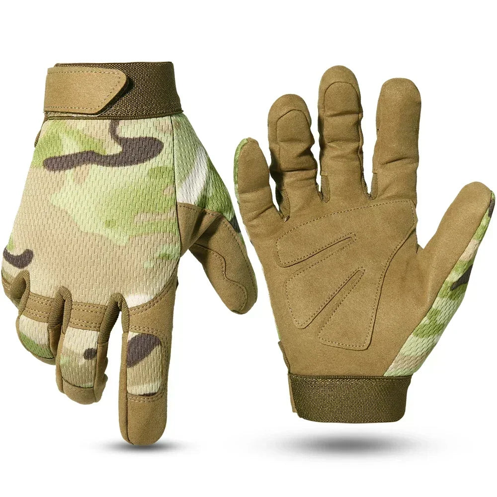 A pair of olive green tactical gloves with a camouflage pattern shown against a white background.
