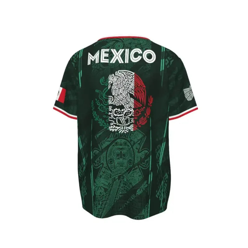 Rückansicht eines dunkelgrünen Fußballtrikots mit der Aufschrift MEXICO und einem Adleremblem.