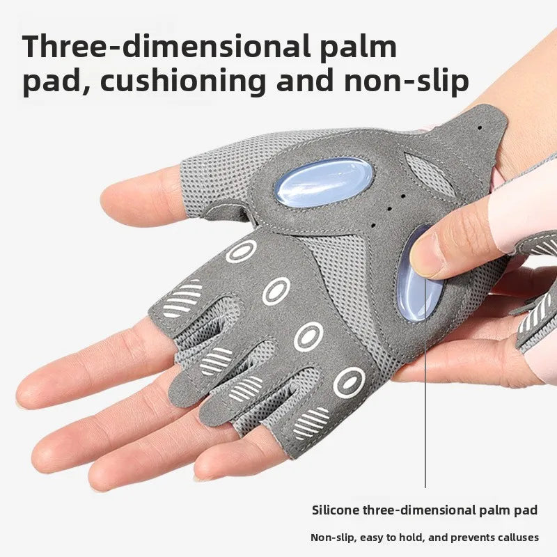 Gray silicone three-dimensional palm pad glove shown on a hand for cushioning and non-slip grip.