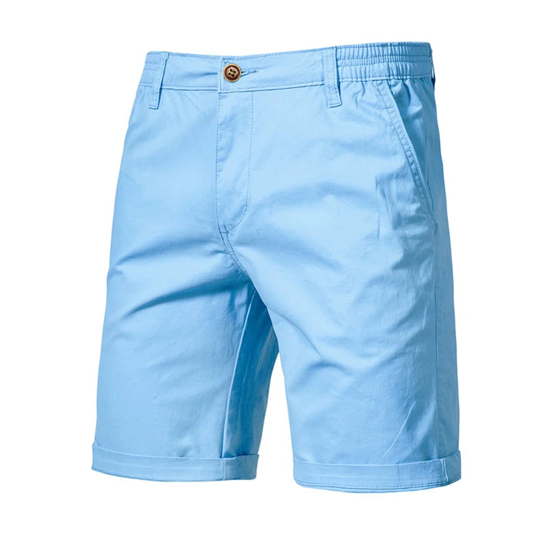 Light blue men's summer cotton casual shorts with a button closure