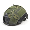 Olive green tactical helmet cover with camouflage pattern and mesh ventilation