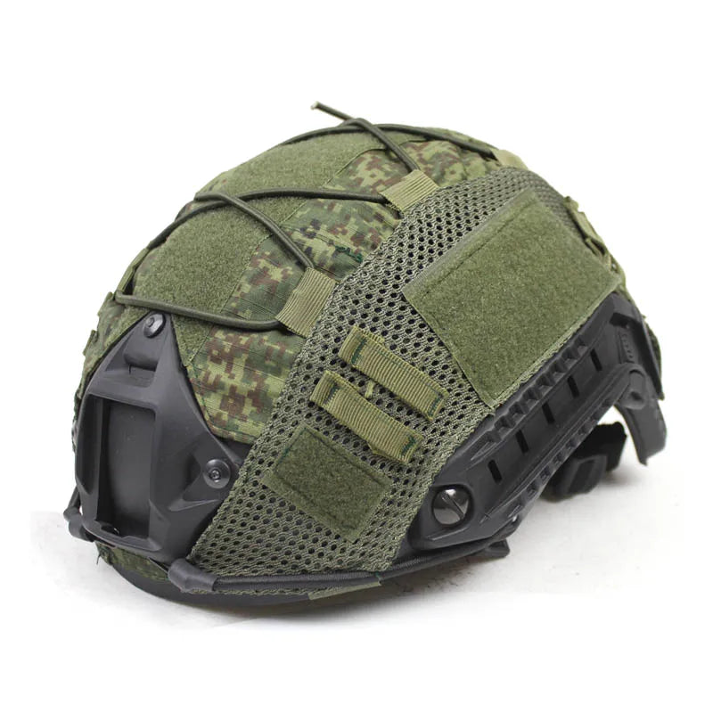 Olive green tactical helmet cover with camouflage pattern and mesh ventilation