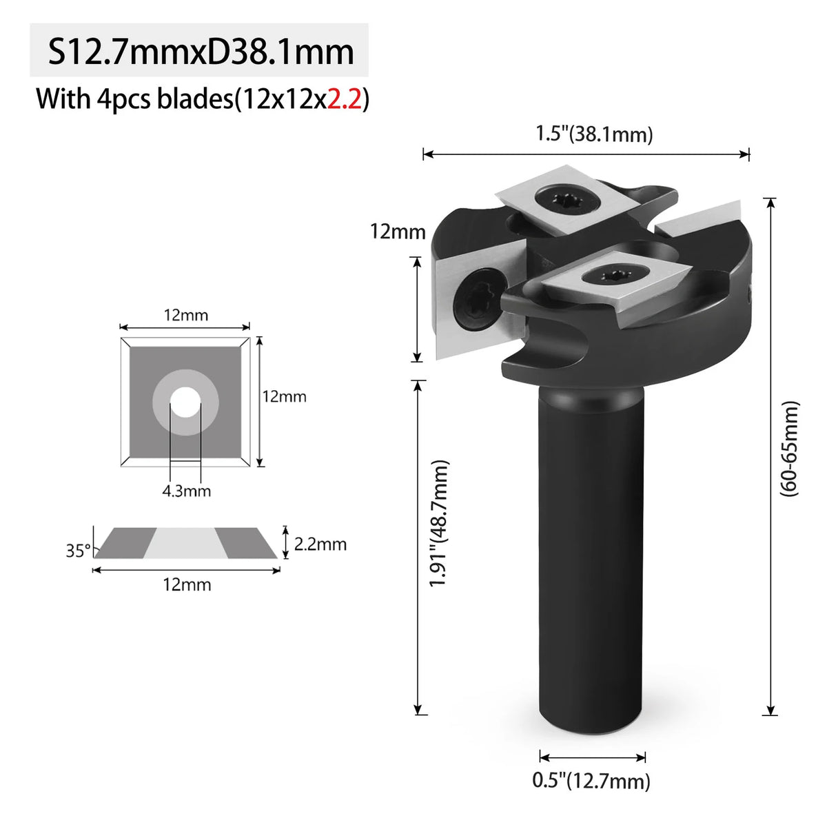A set of S12.7mm x D38.1mm wood milling router bits with four blades shown in a black holder.