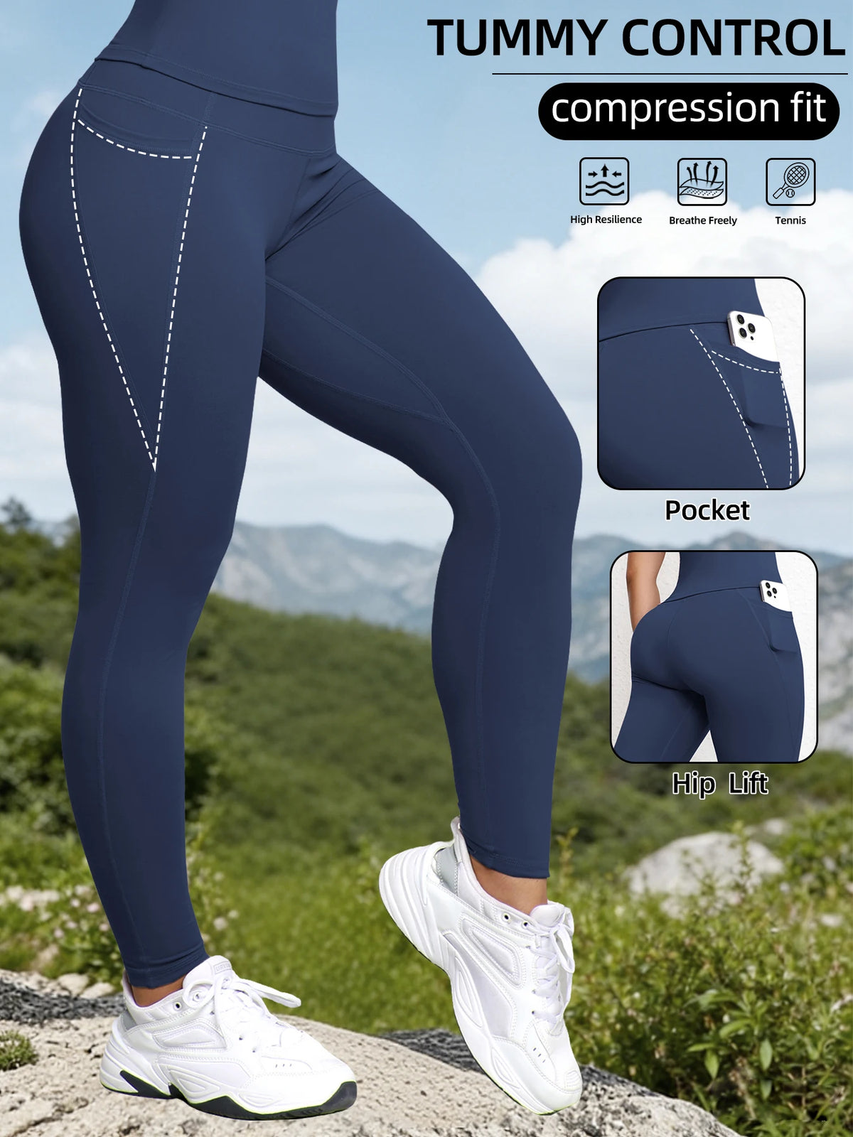 Navy compression fit sports leggings worn by a woman outdoors, highlighting features like pockets and hip lift.