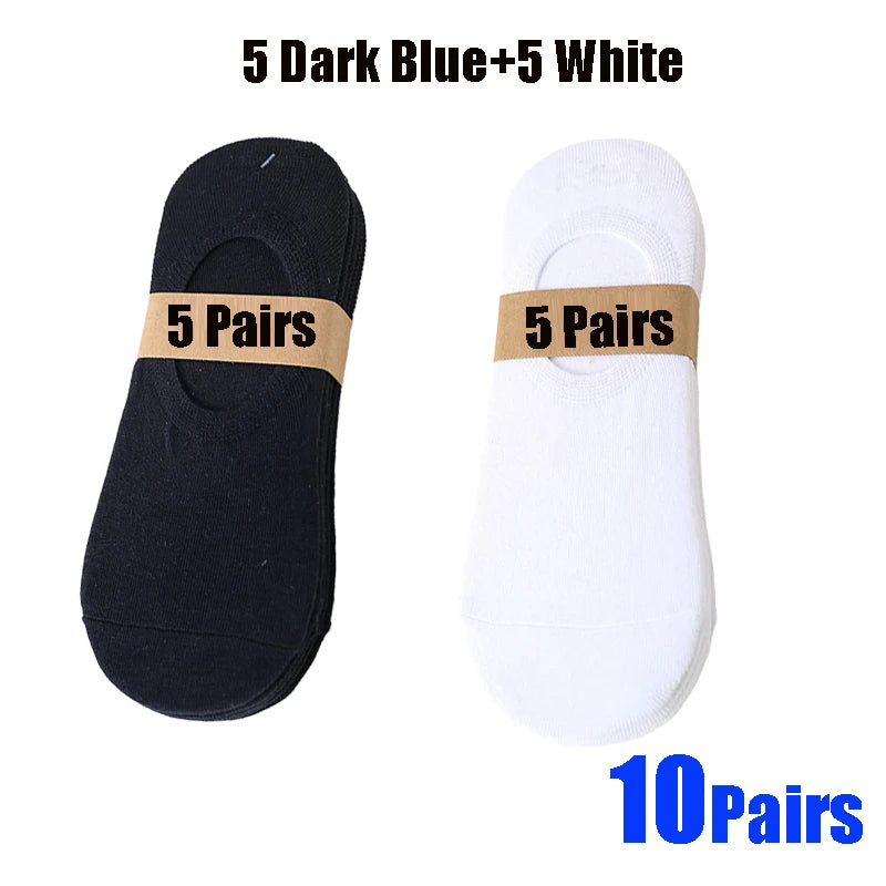 A set of 10 pairs of breathable boat socks, consisting of five dark blue and five white socks.