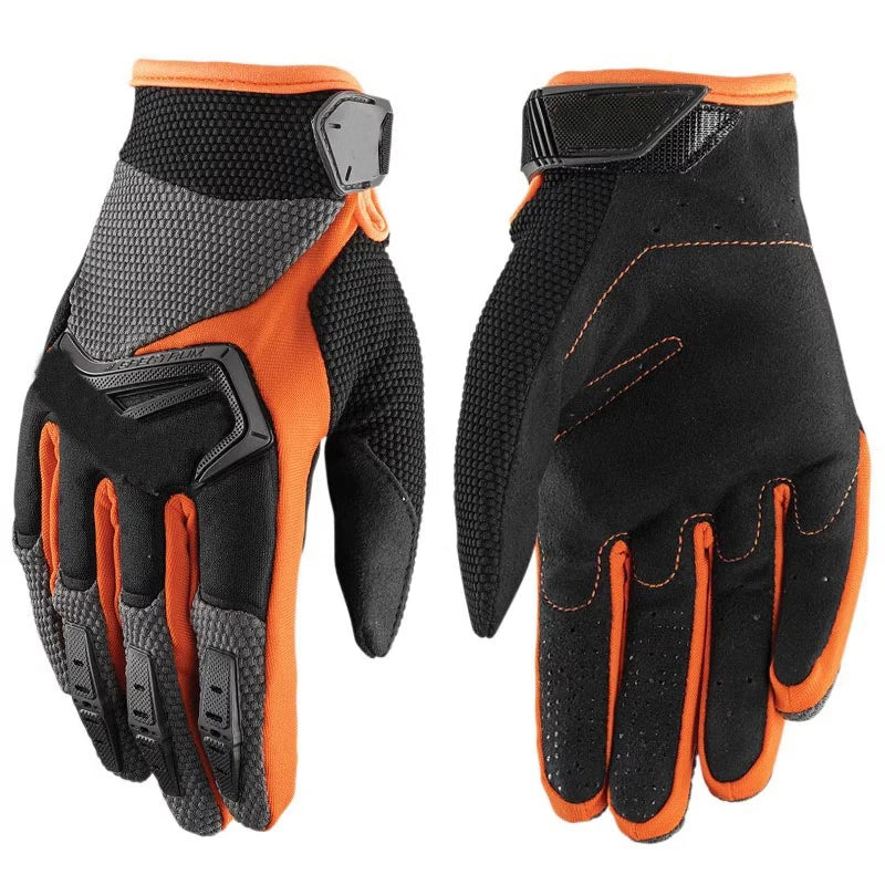 A pair of black and orange heavy duty full finger off-road motorcycle gloves shown from the back.