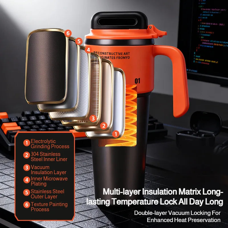 An orange insulated stainless steel tumbler with a lid, straw, and handle, showing its multi-layer construction.