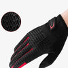 Black cycling gloves with a geometric pattern on the palm and a red accent on the cuff.