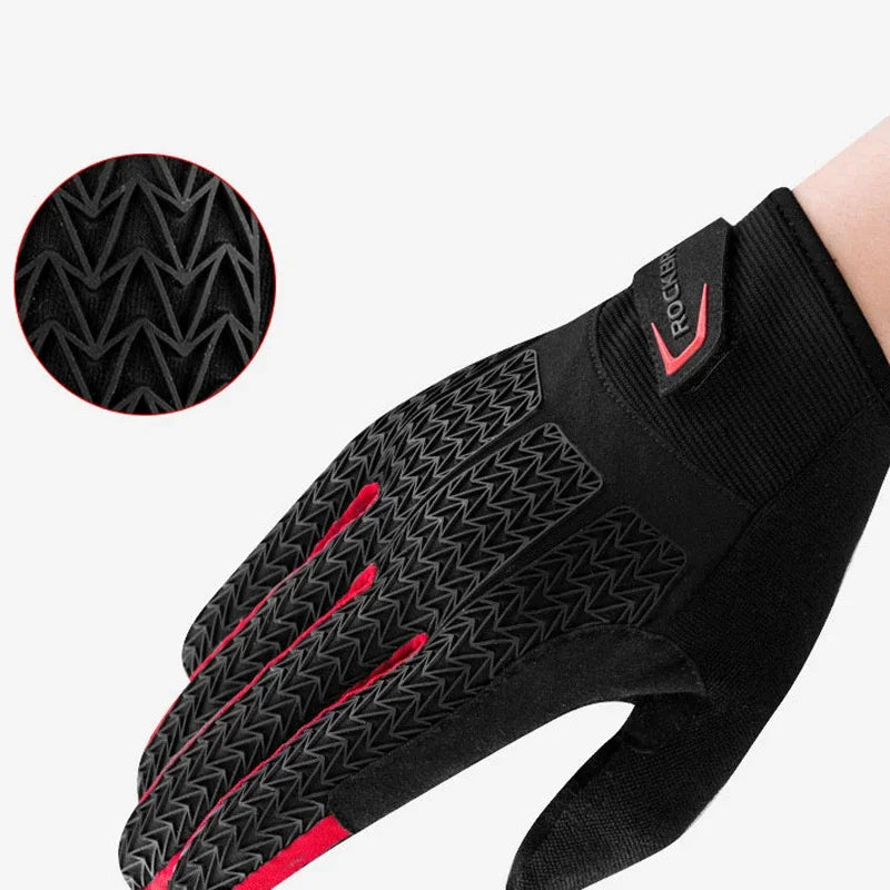 Black cycling gloves with a geometric pattern on the palm and a red accent on the cuff.