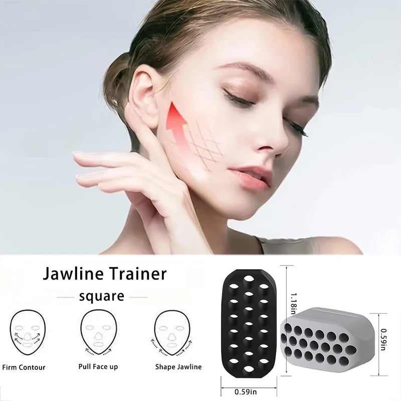 A woman is demonstrating the use of a silicone jawline trainer, showing its various shapes and sizes.