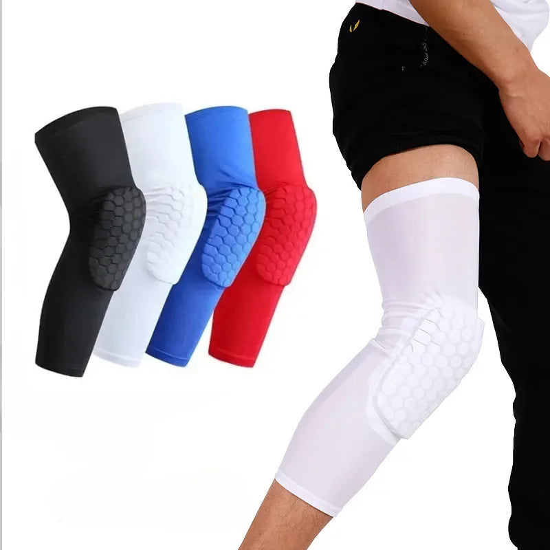 A set of various colored compression knee pads for sports and gym, shown on a leg.