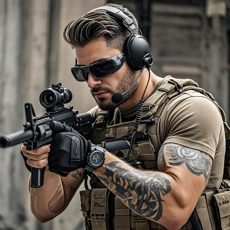A man wearing polarized cycling and driving sunglasses and a tactical vest holding a camera.