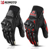 A pair of black motorcycle racing gloves featuring red accents and touch screen technology.