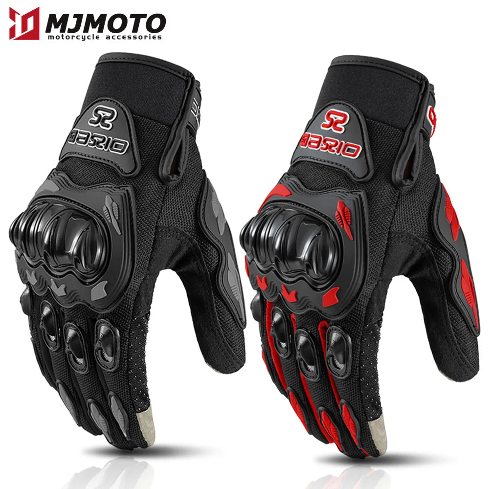 A pair of black motorcycle racing gloves featuring red accents and touch screen technology.