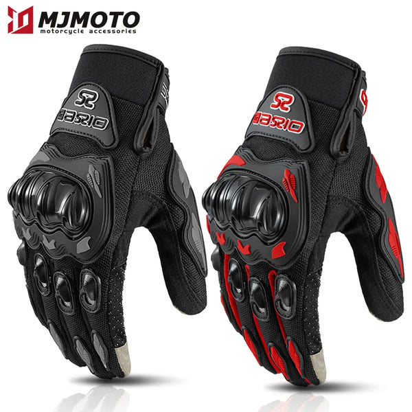 A pair of black motorcycle racing gloves featuring red accents and touch screen technology.