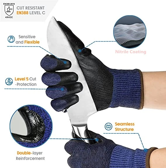 A close-up of a cut-resistant work glove showing features like nitrile coating and double-layer reinforcement.