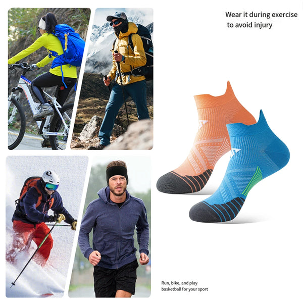 A pair of blue and orange breathable anti-blister running socks shown on a foot.