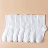 Une rangée de chaussettes en tricot blanches mi-mollet pour femmes, posées à plat sur un fond beige clair.