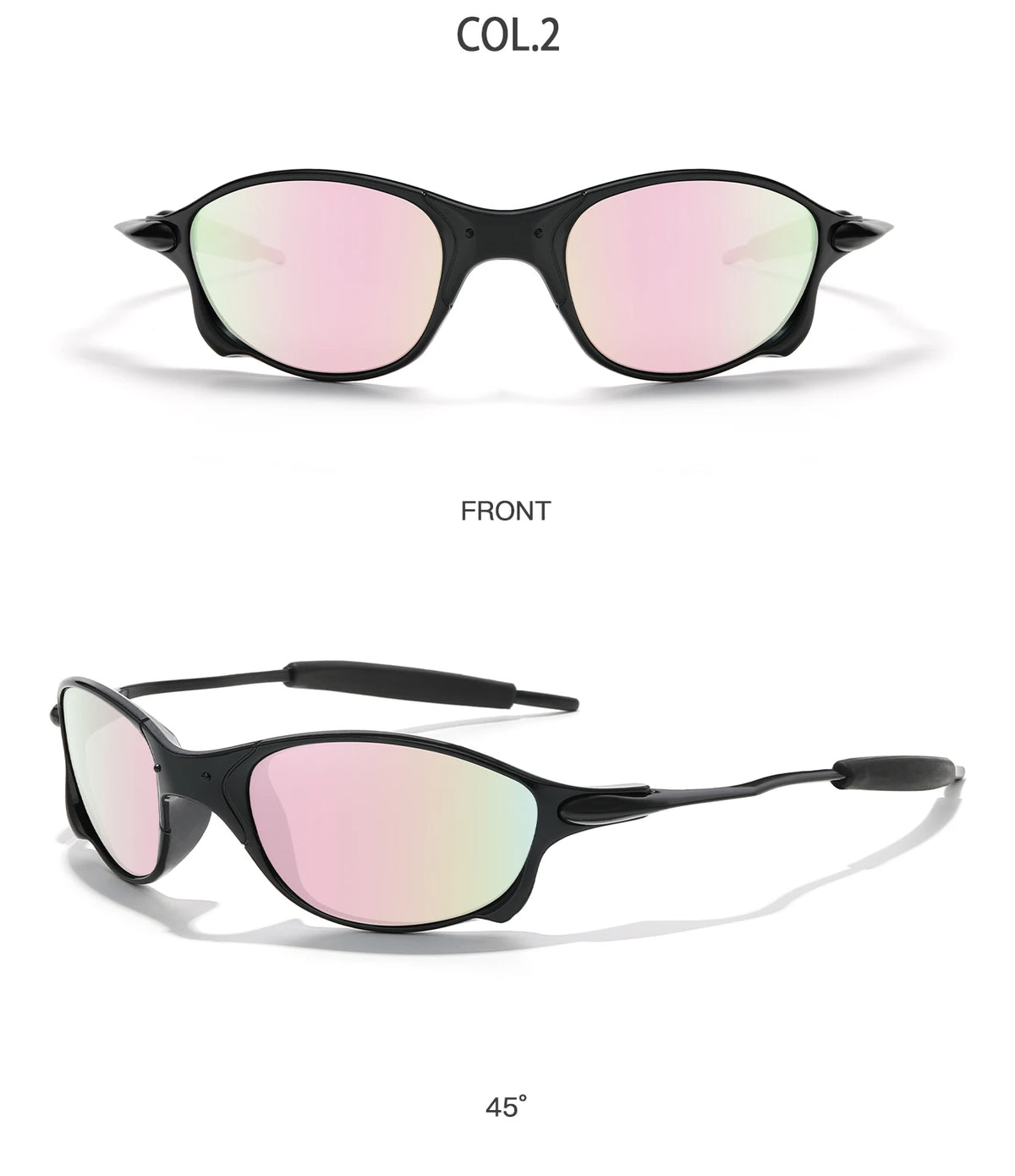 Front view of COL.2 polarized sunglasses with a pink-tinted lens and black frame.