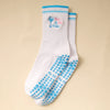 Weiße Strick-Yoga- und Fitnesssocken mit hellblauen Streifen und Zehen-Dotten