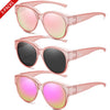 Three pairs of round UV400 sunglasses in pink and purple tones shown from the front.