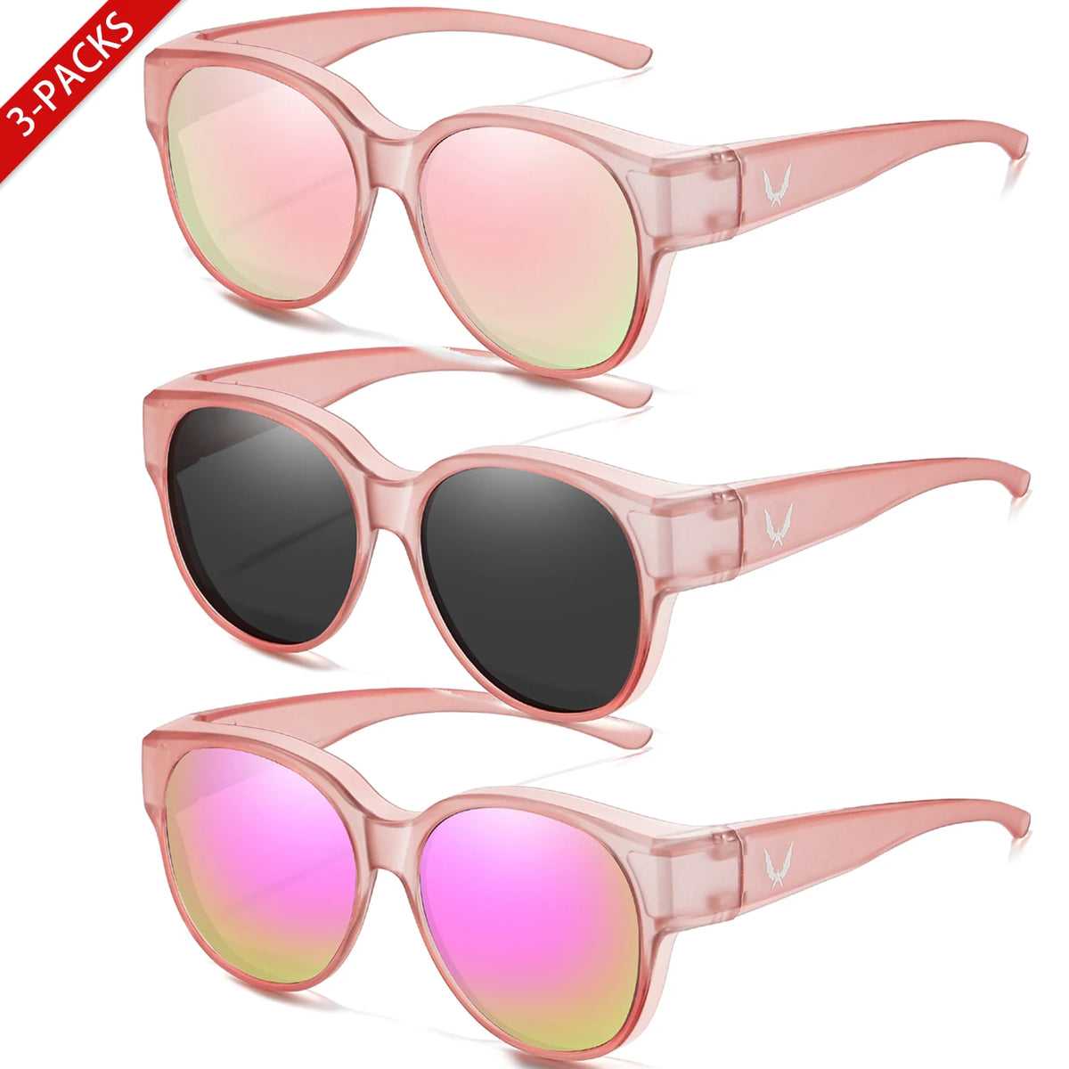 Three pairs of round UV400 sunglasses in pink and purple tones shown from the front.
