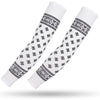 A pair of white sports arm sleeves featuring black paisley and geometric patterns for UV protection.