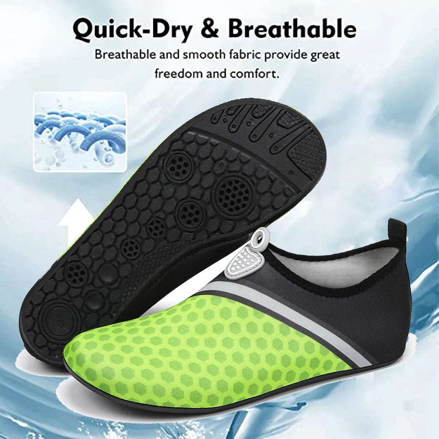 A pair of bright lime green and black quick-dry breathable socks shown from the bottom view against a light blue background.