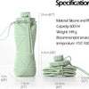 A light green collapsible silicone sports water bottle shown with dimensions and usage example.