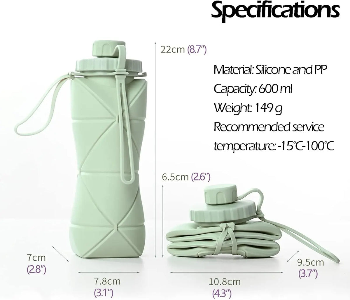 A light green collapsible silicone sports water bottle shown with dimensions and usage example.