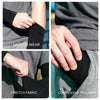 Close-up shots showing the ease of wear, stretch fabric, and convenience to carry of black compression arm sleeves.