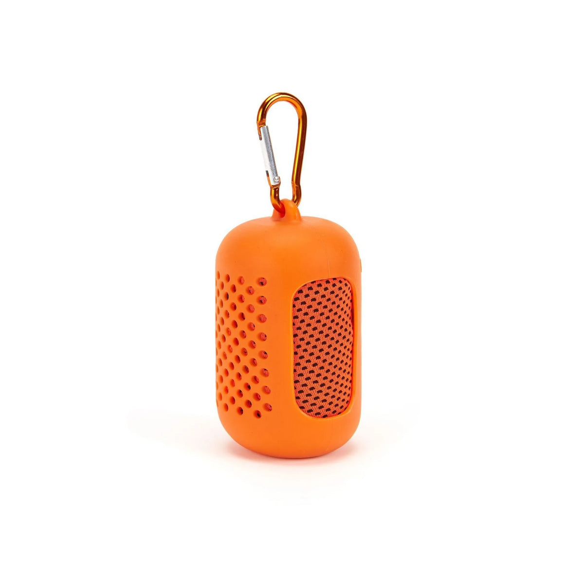 Serviette de refroidissement orange circulaire pour sport et fitness avec une boucle métallique.