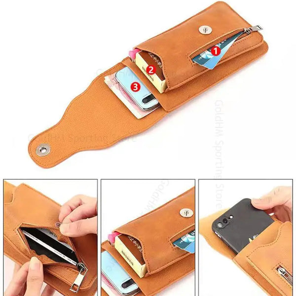 A brown leather flip waist bag with multiple pockets for storing mobile devices.