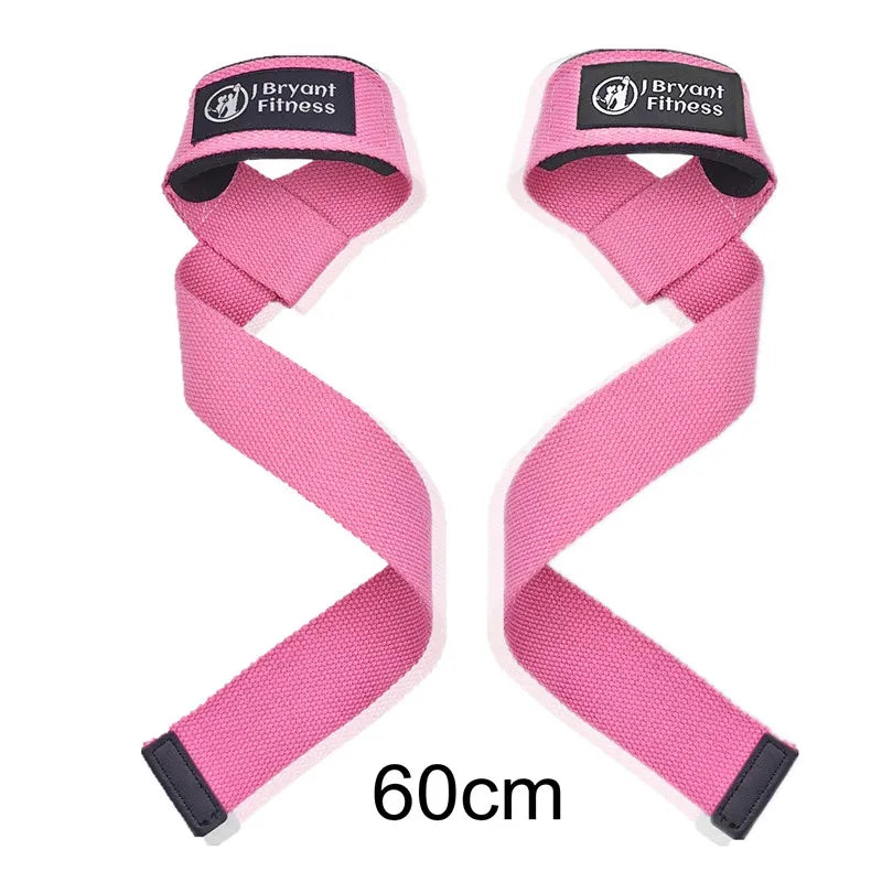 Pink gym wrist strap with black accents for enhanced grip and stability, measuring 60cm.