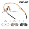 A pair of clear photochromic cycling sunglasses shown in various states of light tinting.