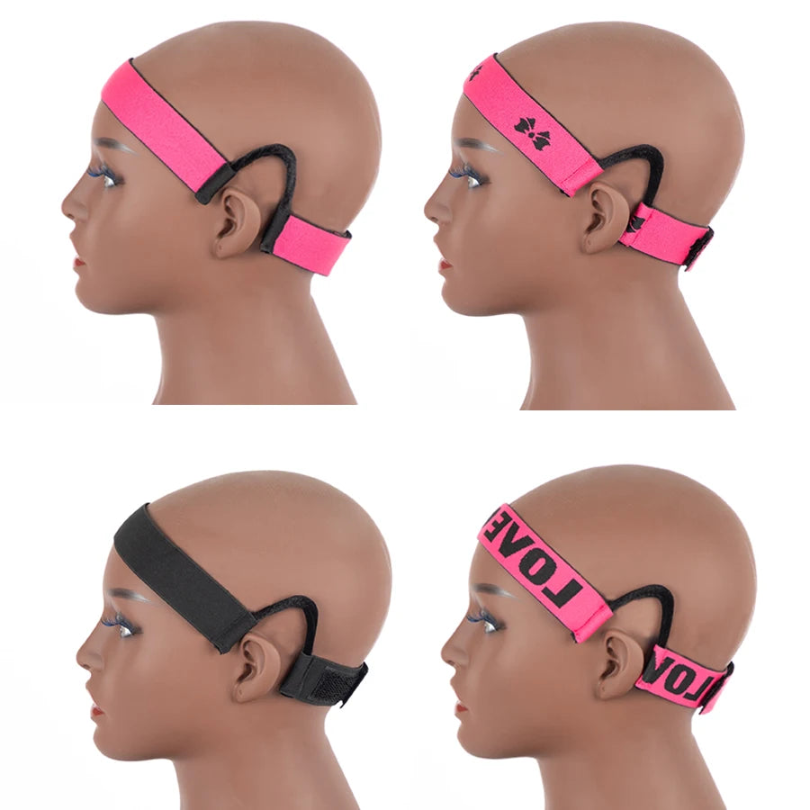 A pink adjustable lace wig band is shown on a mannequin head, demonstrating its fit and design.