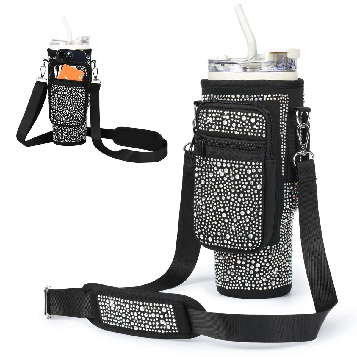 A black diamond accent water bottle carrying pouch with a strap and a straw is shown.