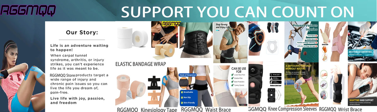 Various products including elastic bandage wrap, kinesiology tape, waist brace, and knee compression sleeves for joint suppor