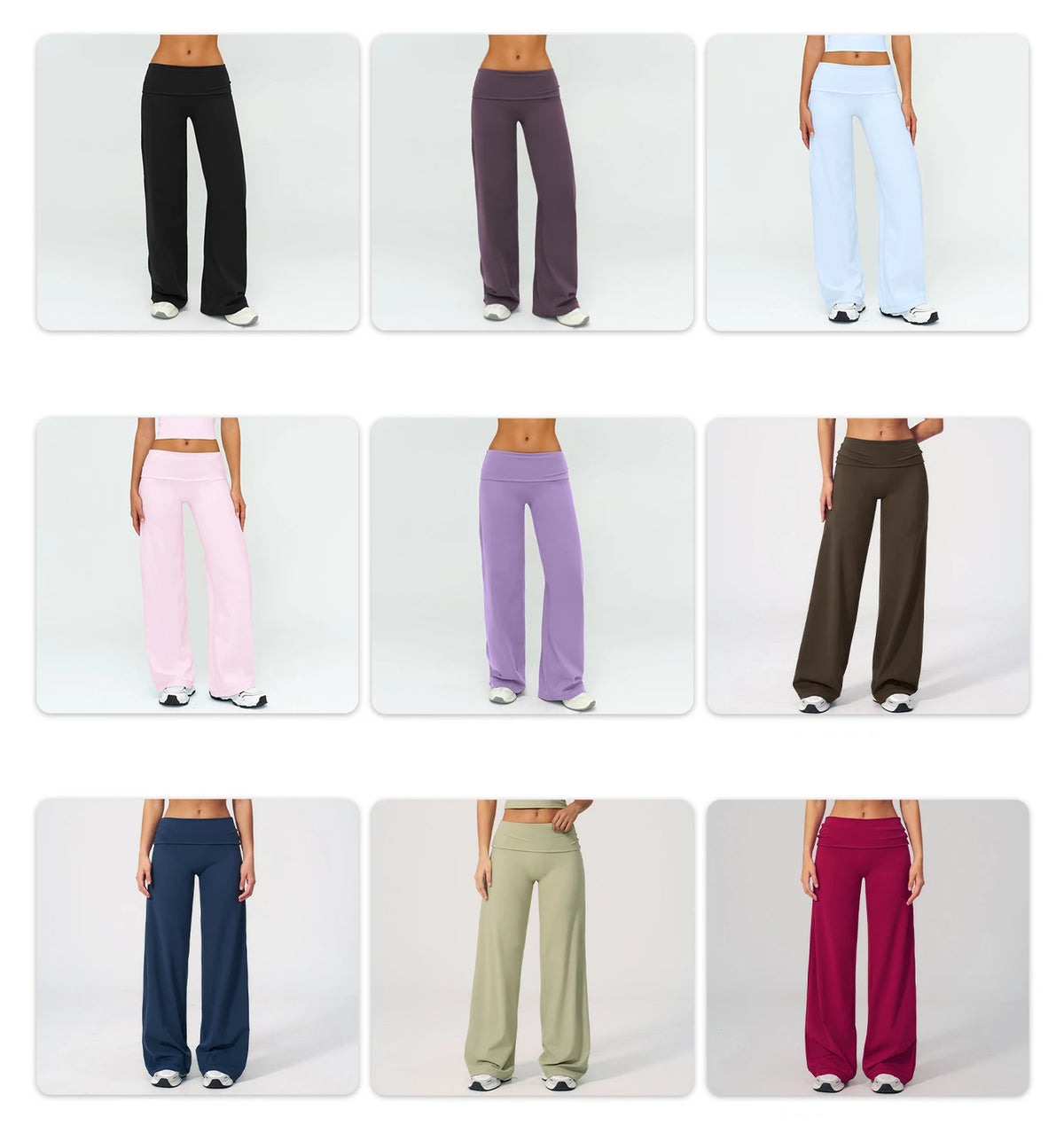 A collection of flared high-waist yoga and fitness pants in various colors including black, purple, light blue, pink, olive g
