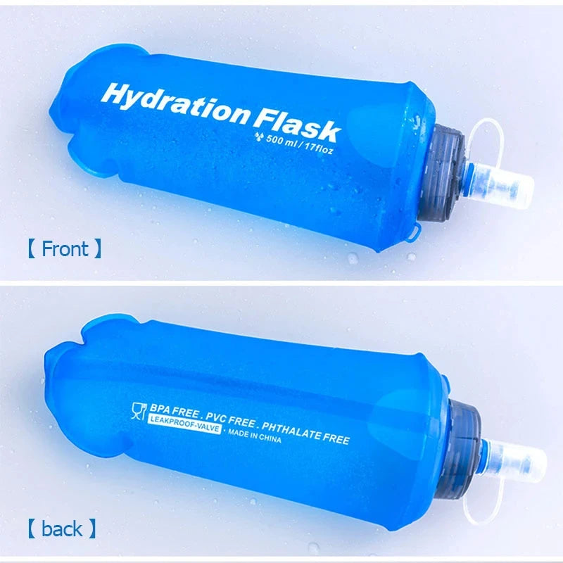 Front and back views of a blue Hydration Flask sports water bottle