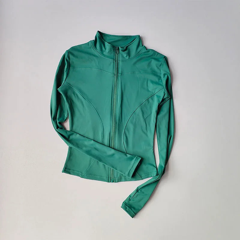 Teal quick-dry yoga and fitness jacket shown flat lay