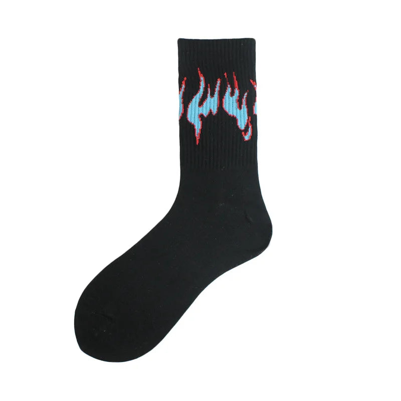 Black novelty socks with a flame pattern in red and blue.