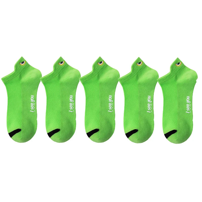 Five pairs of bright lime green ankle boat socks displayed side by side.