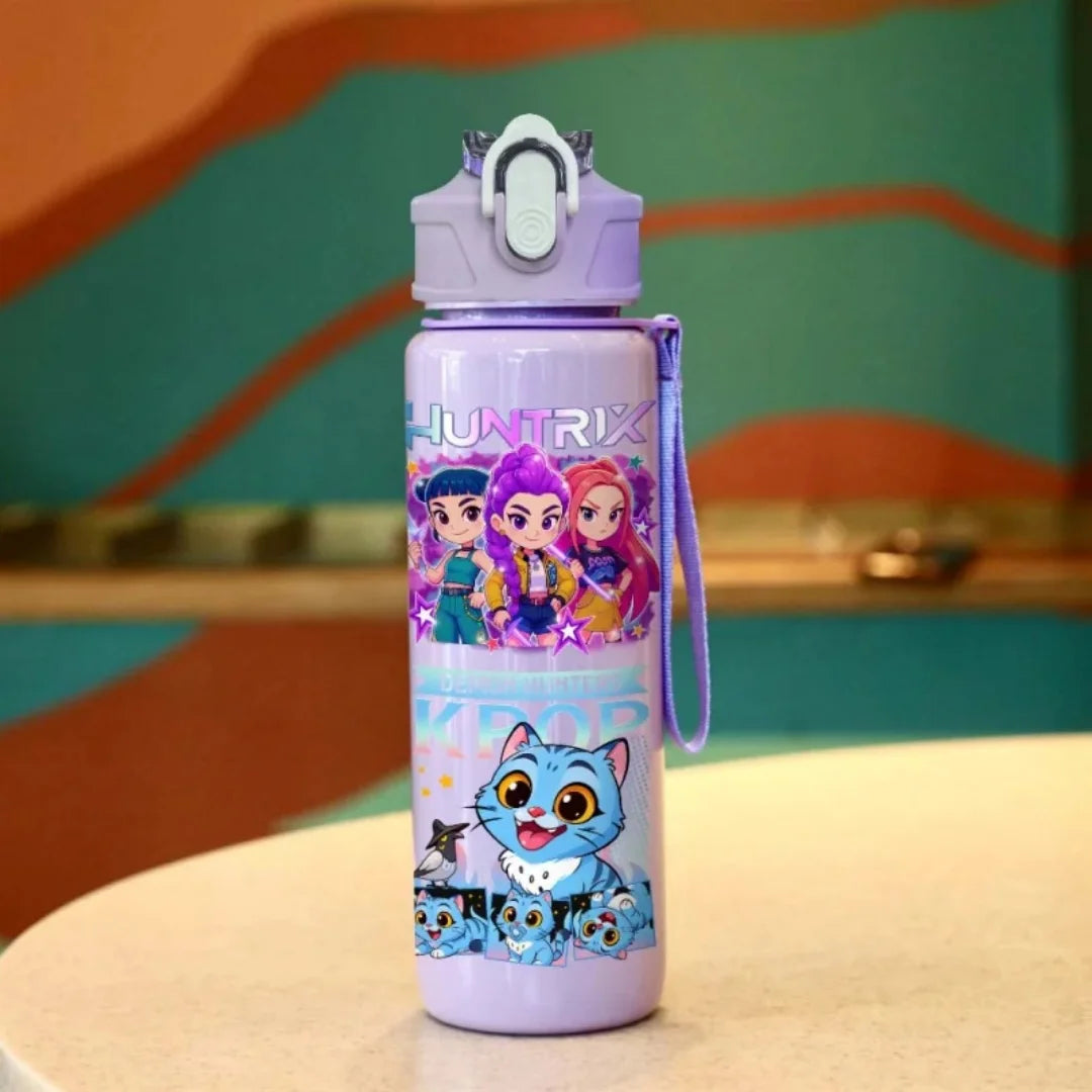 A purple cartoon character water bottle with a carrying strap featuring characters from the Huntrix franchise.