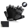 A pair of black breathable anti-slip fingerless gloves for sports and outdoor activities shown with a detached palm piece.