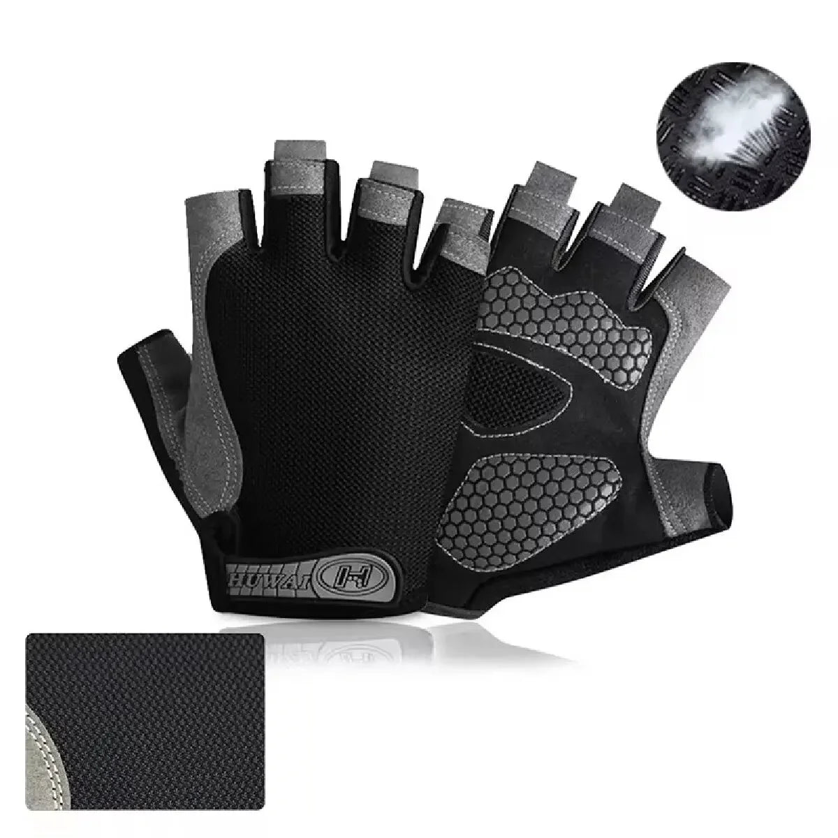 A pair of black breathable anti-slip fingerless gloves for sports and outdoor activities shown with a detached palm piece.