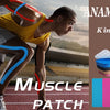 Image showing a muscular athlete applying a muscle patch and kinesiology tape for athletic recovery.