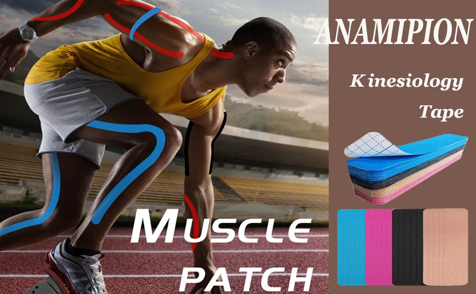 Image showing a muscular athlete applying a muscle patch and kinesiology tape for athletic recovery.