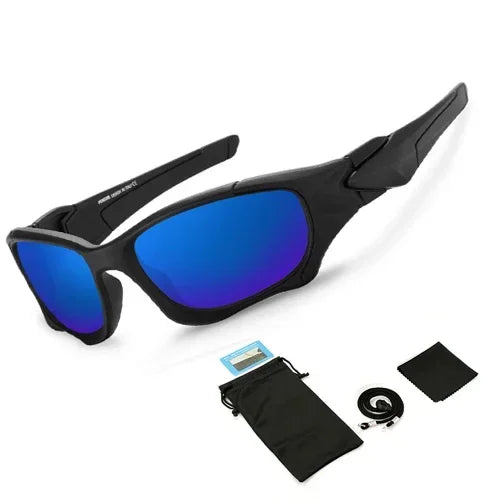 Black polarized sports sunglasses with a black case and lens cleaning cloth