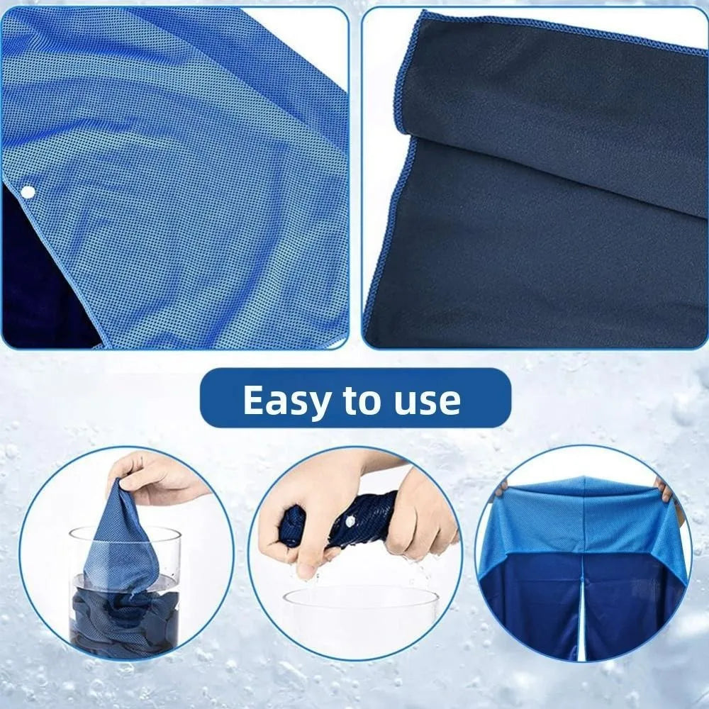 Blue and navy instant cooling neck gaiter shown in various forms, including a fabric view and usage examples.